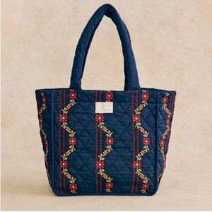 SEZANE x Lucia Vergaras Floral Embroidered Quilted Blue Tote Bag